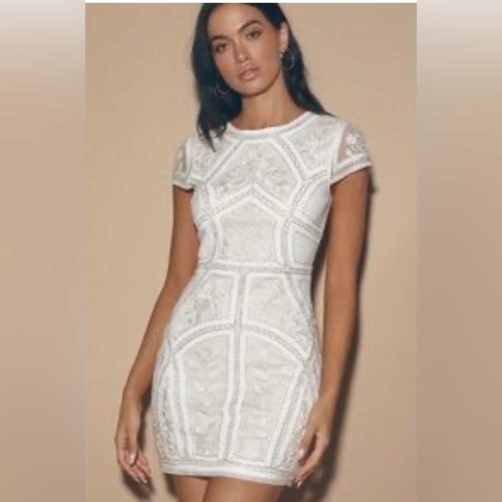 Lulu's White Lace Short Sleeve Sheath Wedding Dress